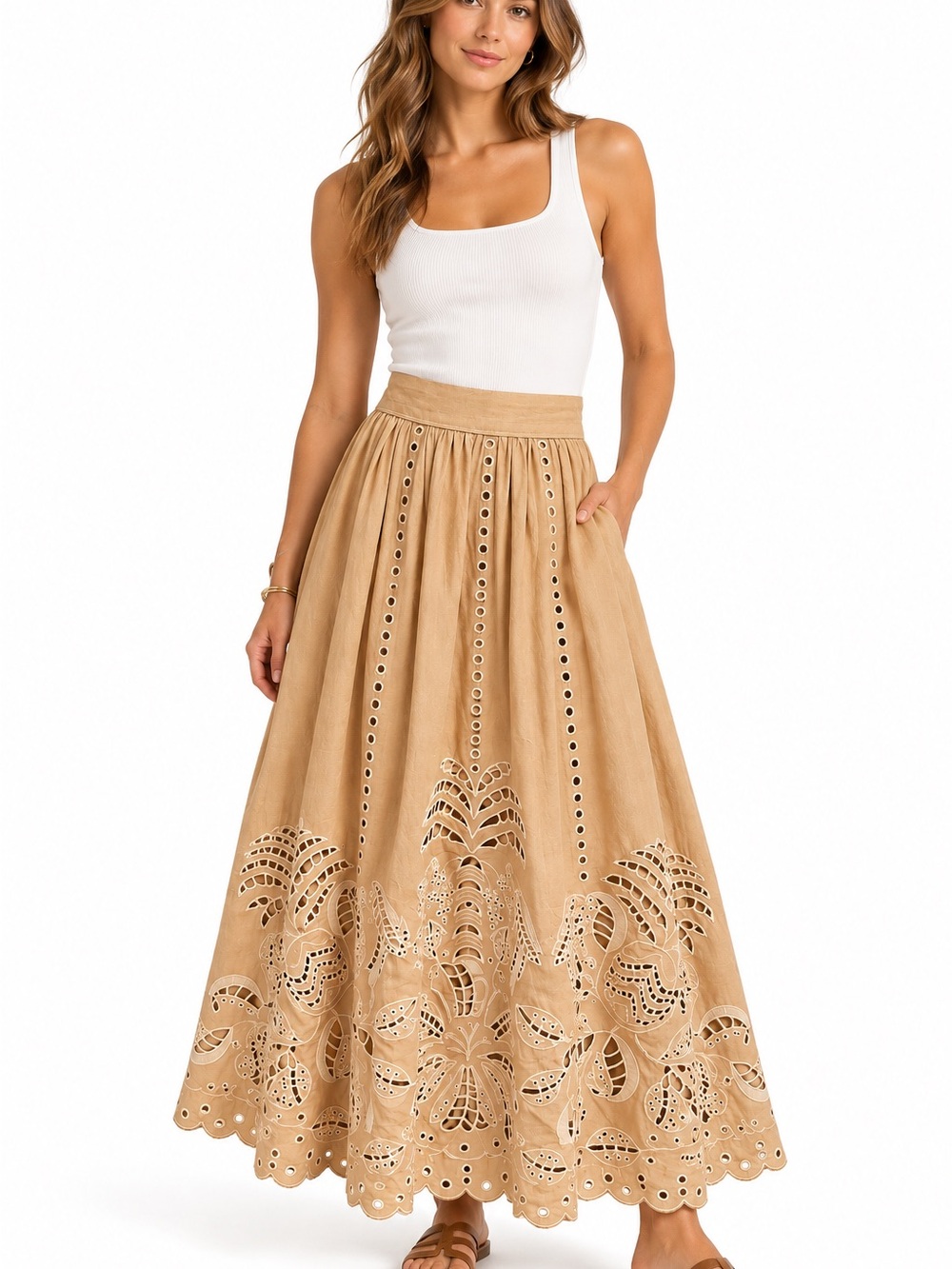 FARM Rio Tan Eyelet A-Line Maxi Skirt with Scalloped Hem
